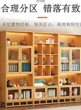 新中式实木博古架茶室背景置物架多宝阁商用仿古隔断带灯展示柜