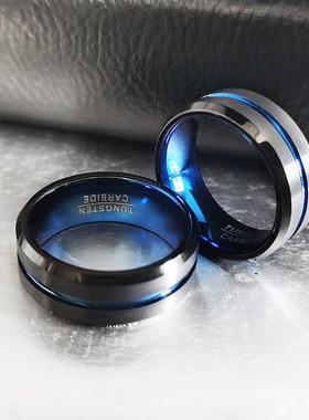 太爱游时尚蓝色拉丝钨钢戒指时尚男士个性化高端戒指食W指多功能
