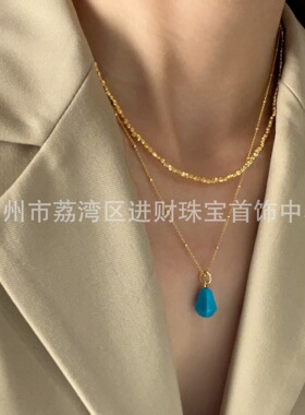 小众复古法式轻奢高级天然绿玛瑙青金石绿松石锥形宝石银镀金项链