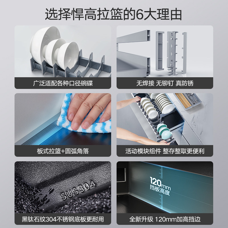 悍高厨房拉篮橱柜双层抽屉式开门式304不锈钢收纳纳米抗菌碗碟篮,淘宝优惠券,粉丝福利购,淘宝优惠卷