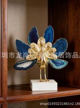 招财铜孔雀天然玛瑙入户玄关摆件现代轻奢客厅电视柜酒柜装饰品