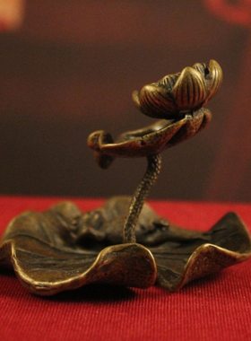 实心纯铜荷叶青蛙倒流香摆件仿古莲花呱呱来财香炉香道茶道工艺品