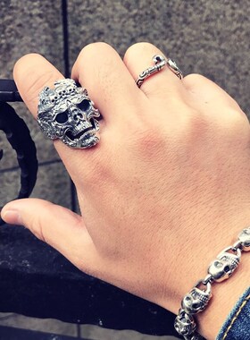 【代发】S925银 酷毙了!男士霸气机车摇滚风骷髅头开口泰银戒指