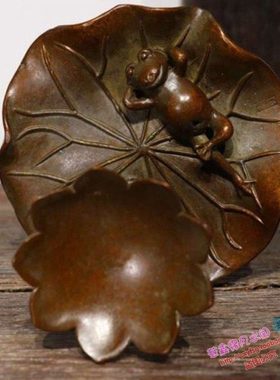 纯铜手工仿古实心紫铜茶宠小物件 荷叶逍遥蛙 茶道小摆件