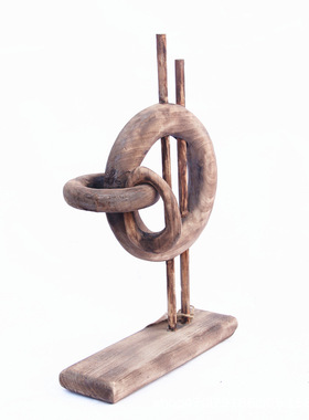 厂家销售手工制作木质三环工艺品桌面玄关装饰创意抽象造型摆件