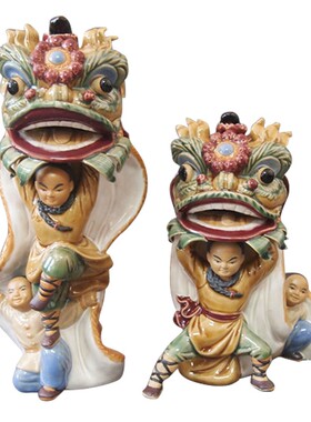 石湾公仔陶瓷摆件品意工艺品客厅玄关摆设开业礼创黄飞鸿舞狮醒狮