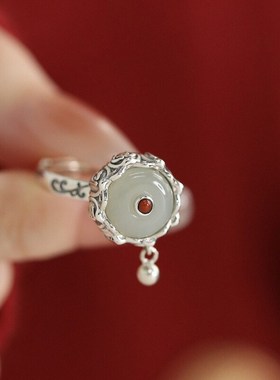 925银复古新中式旋转动戒指环唐C草纹和田玉莲花六字真言开口调节