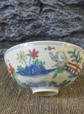 仿古瓷器 复古做旧明成化风格 斗彩人物纹瓷碗 古董古玩收藏品
