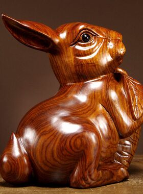 花梨木雕兔子摆件实木动物十二生肖福兔红木家居电视柜装饰工艺品