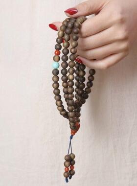 国香DIY棋楠沉香8MM*108颗南红一体三通百香籽绿松石配饰念珠手链