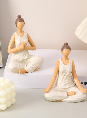 仿木雕树脂可爱手工摆件瑜伽三人女神盘腿装饰品工艺品桌面摆件