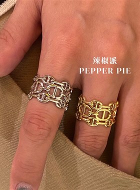 辣椒派秋冬新款 极简多链条猪鼻子造型戒指女 开口戒精致复古时髦
