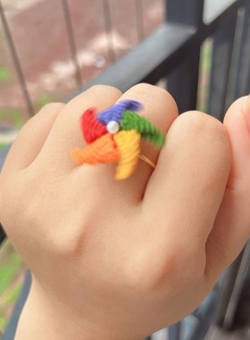 星语手作童年回h忆系列纯手工微钩旋转风车戒指可调节大小开口戒