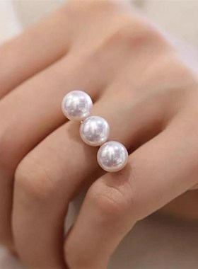 玫瑰的故事刘亦菲同款平衡木珍珠戒指高级气质轻奢X调节开口手工