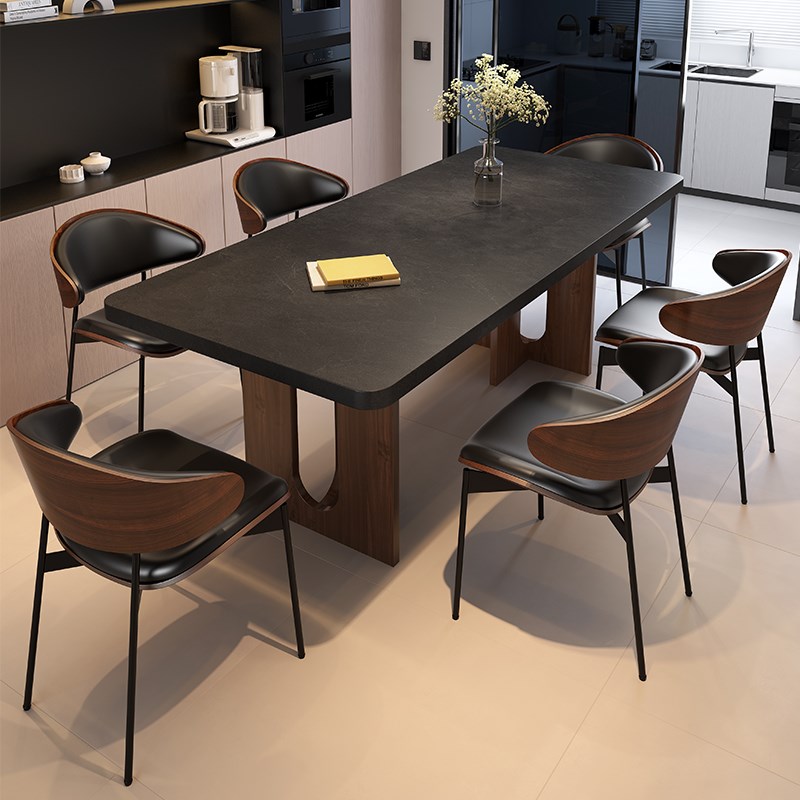 意式极简小户型长j方形家用客厅现代简约岩板餐桌轻奢组合实木桌 - 图0
