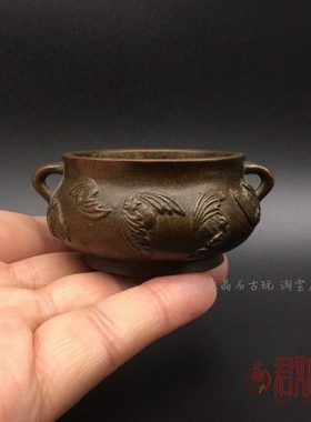 仿古包浆 实心铜十全十美蝙蝠双耳香炉摆件 迷你宣德炉