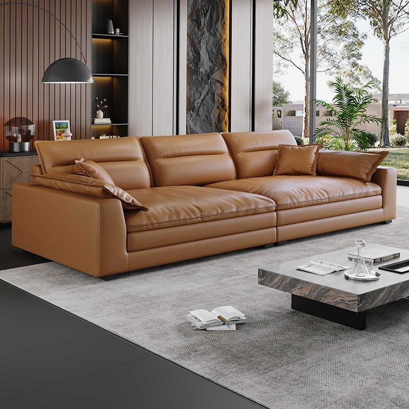 新款意式极简高靠背客厅沙发超宽C坐深现代真皮沙发直排皮艺沙发 - 图1