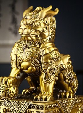 铜麒麟摆件一对i纯黄铜招财聚福公母家居玄关入户门店铺装饰工艺