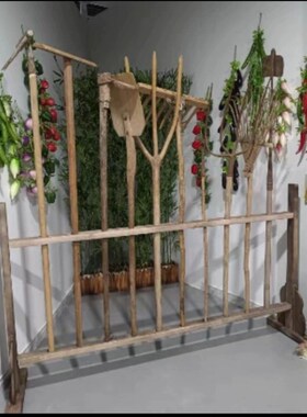 民俗老物件老农具摆件装饰木耙土搂铁锹I扁担农庄影视道具农场农