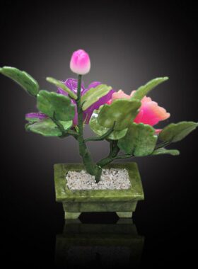 玉石盆景2朵牡丹花客厅办公室酒柜摆件家居饰品礼创意玉雕工艺品