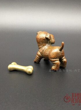 复古包浆实心铜狗可爱小狗啃骨头创意香插一套 铜小狗小骨头茶宠