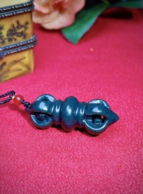 B012泓石斋和田玉青墨玉金刚杵青玉镂空雕刻吊坠挂件