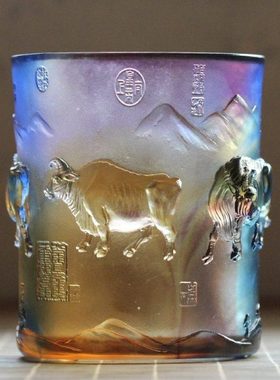 古法琉璃五牛图笔筒桌面摆件招财客厅办公桌高档摆设送老外送师长
