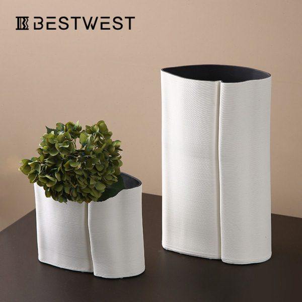 Best west 3D打印白色陶瓷花摆件 档家居样板房花盆干花花器,淘宝优惠券,粉丝福利购,淘宝优惠卷