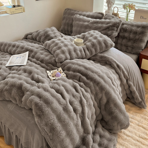 冬季加绒加厚獭兔绒床上四件套公主风双L面毛绒珊瑚牛奶绒床被套 - 图0