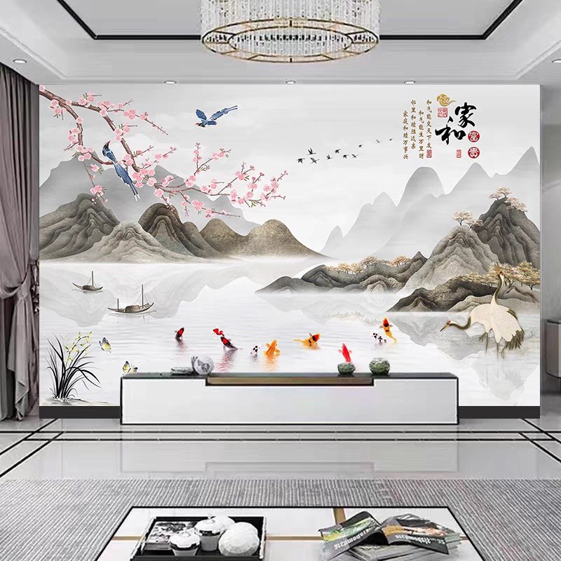 3d客厅电视背景墙壁纸新中式壁画影视墙壁布8OD墙纸新款山水画墙 - 图0