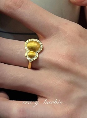 新中式锆石金色拉丝葫芦戒指女生可调节高级感M指环古法2024年新
