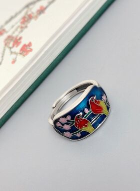 925银珐琅戒指 烧蓝工艺喜上眉梢彩色喜鹊戒指个性饰品