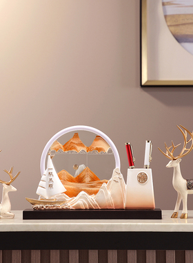 帆船笔筒流沙画办l公室桌面收纳装饰摆件老板男士高档招财风生水