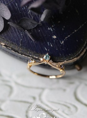 矢车菊花冠超美花冠托帕石坦桑色锆石925银镀金戒指W对戒女 礼物