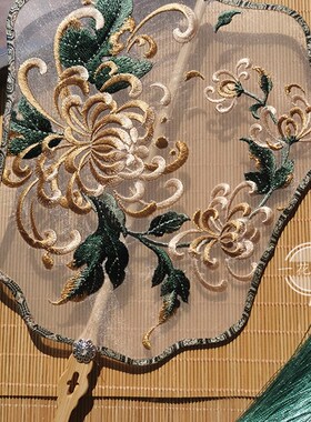 金菊古风团扇单面刺绣扇子舞蹈扇汉服仿古宫廷道具异形宫扇演出