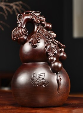 黑檀实木雕刻葫芦摆件红木福禄如意客厅家居电视柜装饰送礼工艺品