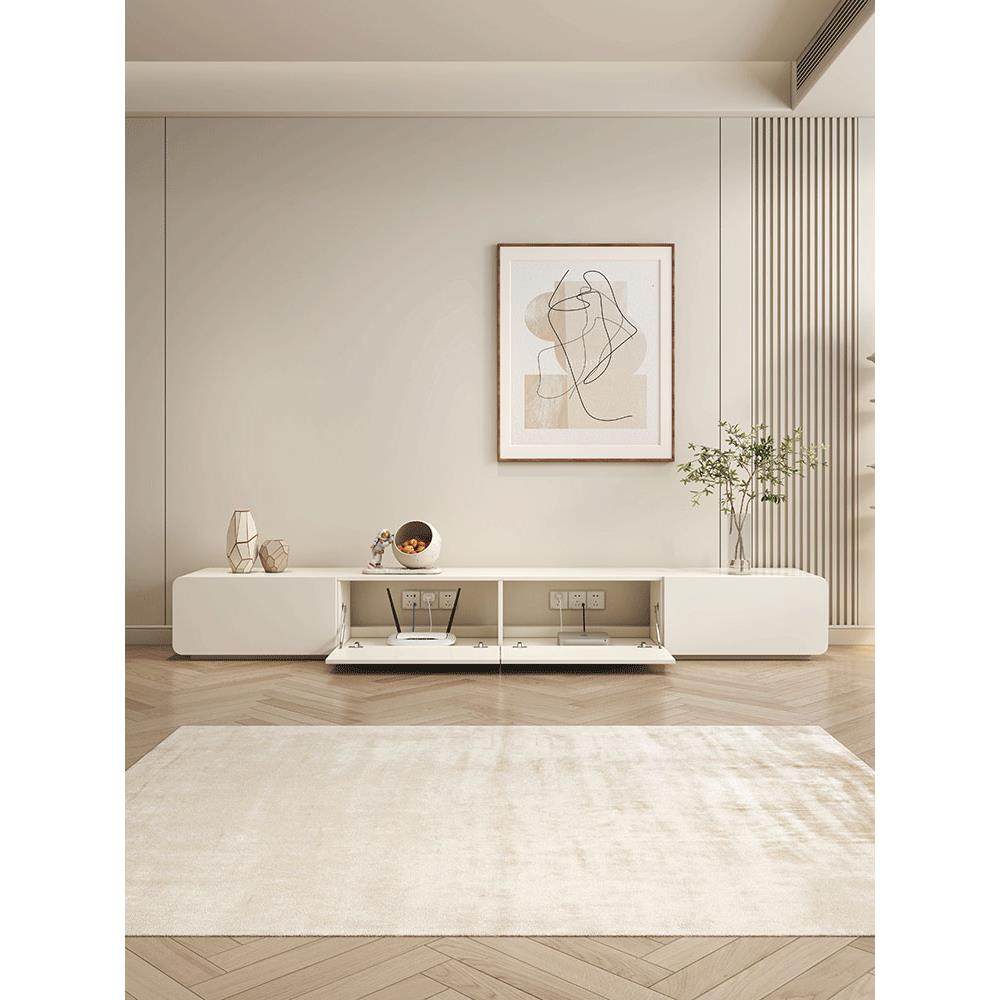 奶油风电视柜茶几组合现代简约实木圆角客厅家用白色落地电视柜,淘宝优惠券,粉丝福利购,淘宝优惠卷