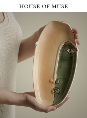 缪斯家智慧眼手绘描金陶瓷果盘抽象艺术收纳盘家居玄关钥匙盘