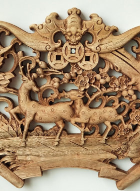 秒杀东阳木雕工艺品仿古挂件香樟实木扇形壁画镂空原木摆件装饰品