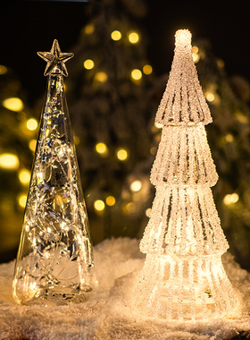掬涵 玻璃圣诞树桌面摆件装饰灯闪亮发光小夜灯商场橱窗场景布置