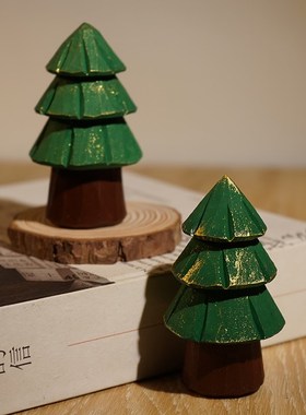 【放青松】金光雪松树手工木雕小摆件桌面创意装饰氛围道具礼物