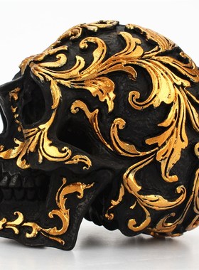 欧美时尚金色骷髅头摆件花纹小骷髅摆饰万圣节日主题酒吧布景道具