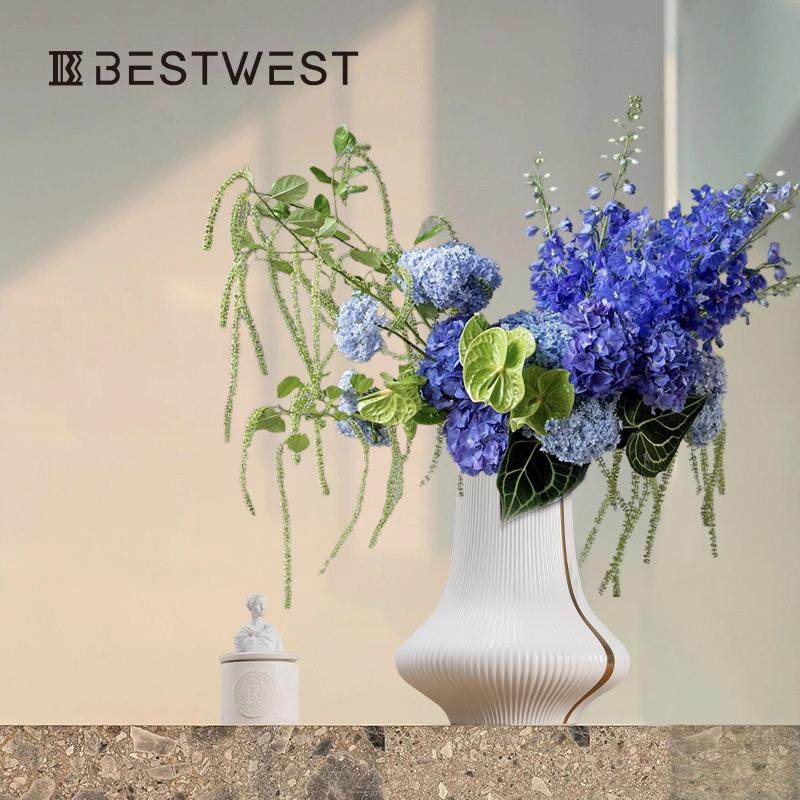 博西家居竖楞烟囱型电镀金边陶瓷大花瓶摆件客厅软装饰品花器,淘宝优惠券,粉丝福利购,淘宝优惠卷