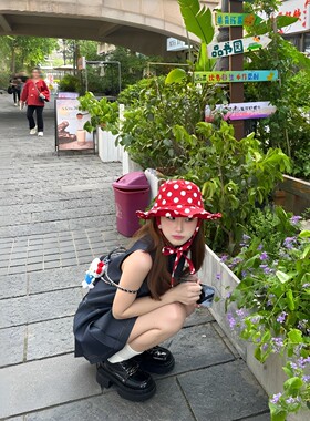 夏季女生红波点渔夫防晒显脸小帽