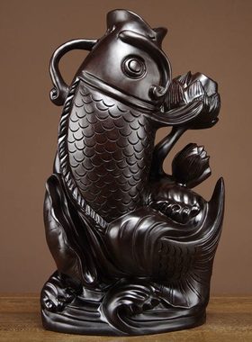 黑檀木雕刻年年有鱼摆件实木鲤鱼家居客厅寓意装饰工艺品红木礼品