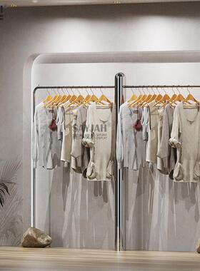 高端服装店展示架不锈钢大管银色拉丝女装落地式亮光中岛陈列货架