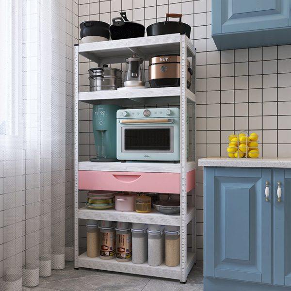 白色厨房置物架落地多层带粉色抽屉微波炉烤箱收纳柜子家用橱柜,淘宝优惠券,粉丝福利购,淘宝优惠卷