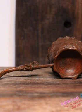 纯铜手工仿古实心紫铜茶宠小物件 手持莲花熏香炉手把件 茶道摆件