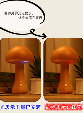木制蘑菇灯床头氛围感睡眠起夜灯高级感LED蘑菇充电台灯