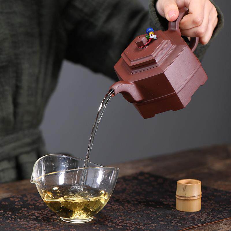 Yixing purple sand pot tea set original ore bottom trough green fully handmade six-square well rail teapot live square pot with head